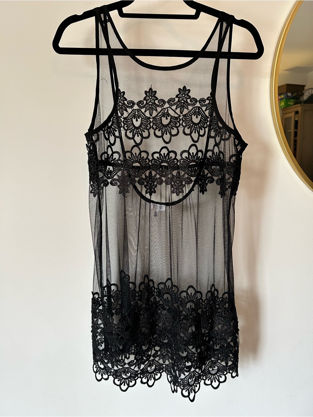 Tobi Black Sheer Lace Chemise with Floral Appliqué